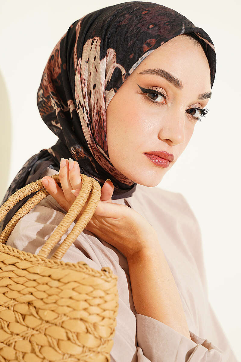 Ayda Patterned Bamboo Crinkle Scarf - Dark Brown