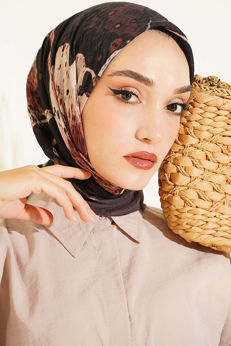 Ayda Patterned Bamboo Crinkle Scarf - Dark Brown