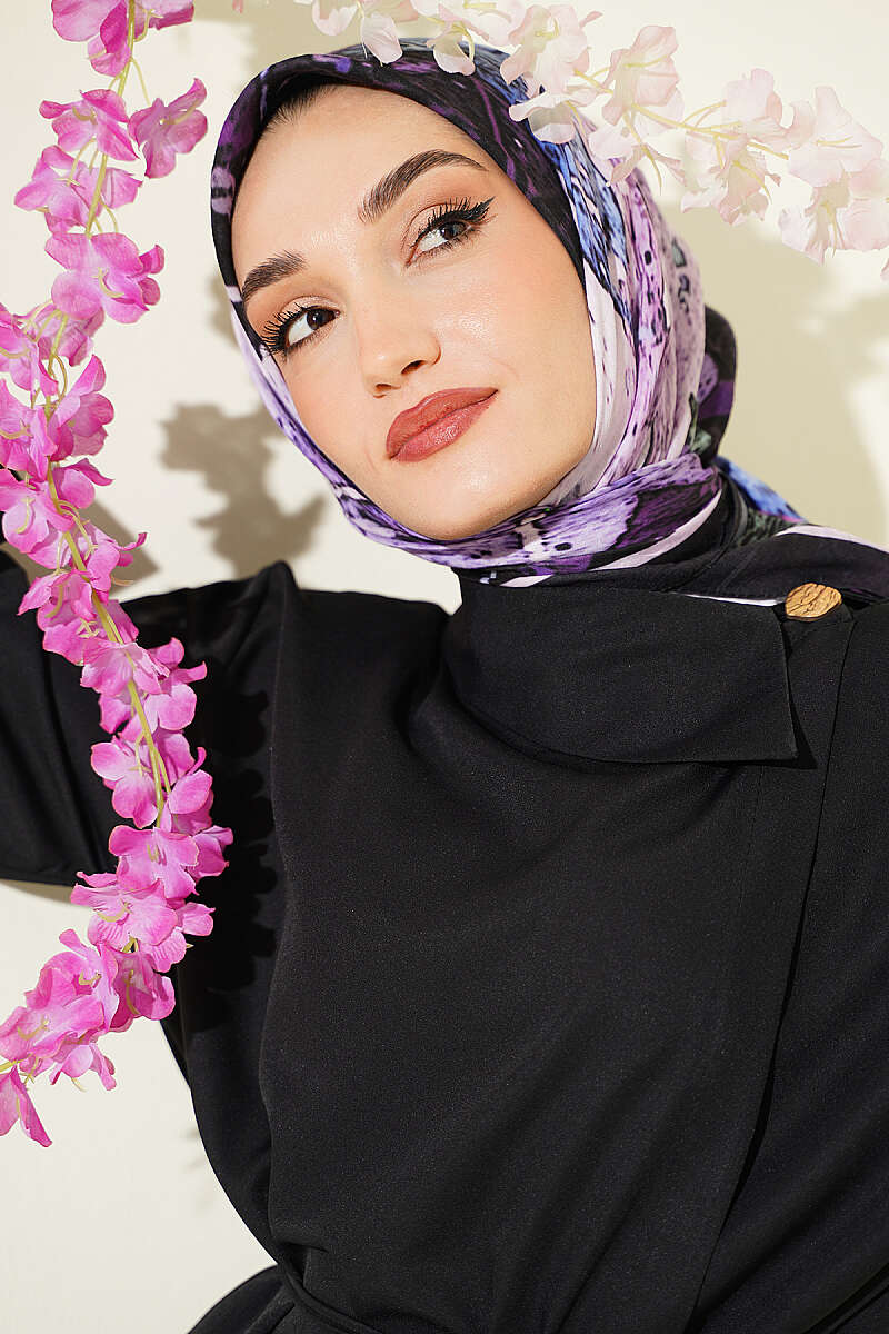 Ayda Patterned Bamboo Crinkle Scarf - Black-Lilac