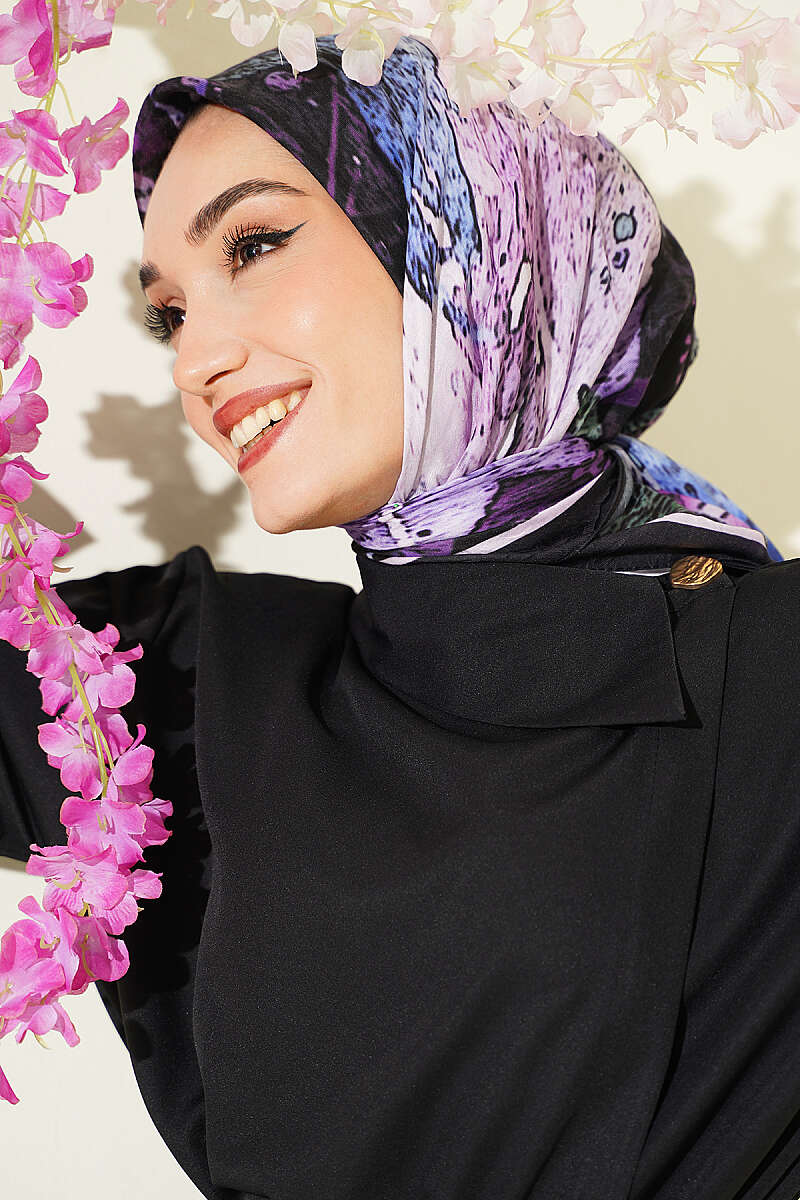 Ayda Patterned Bamboo Crinkle Scarf - Black-Lilac