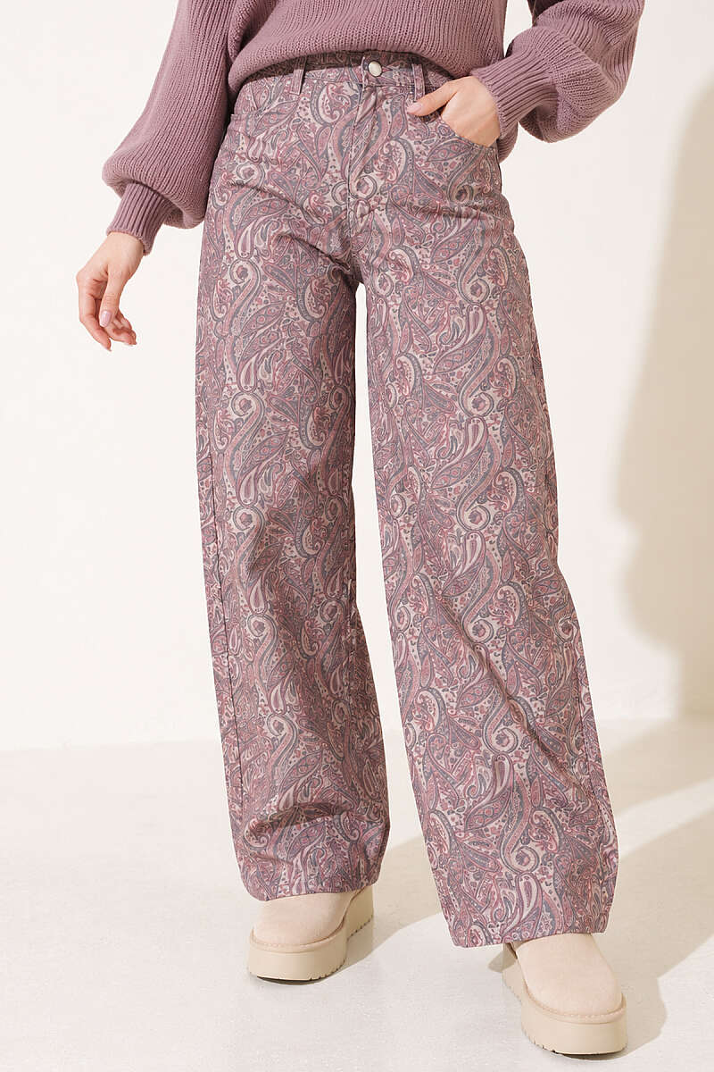 Patterned Baggy Trousers - Beige