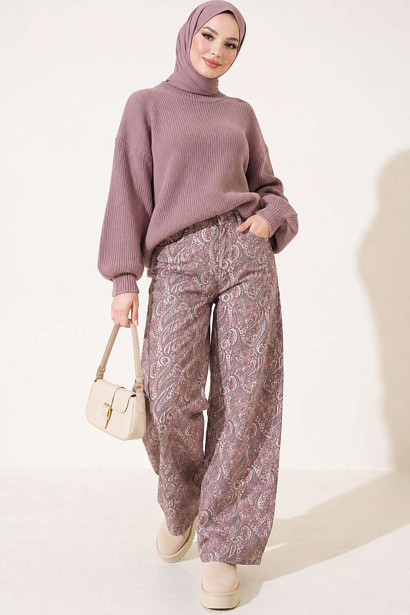 Patterned Baggy Trousers - Beige