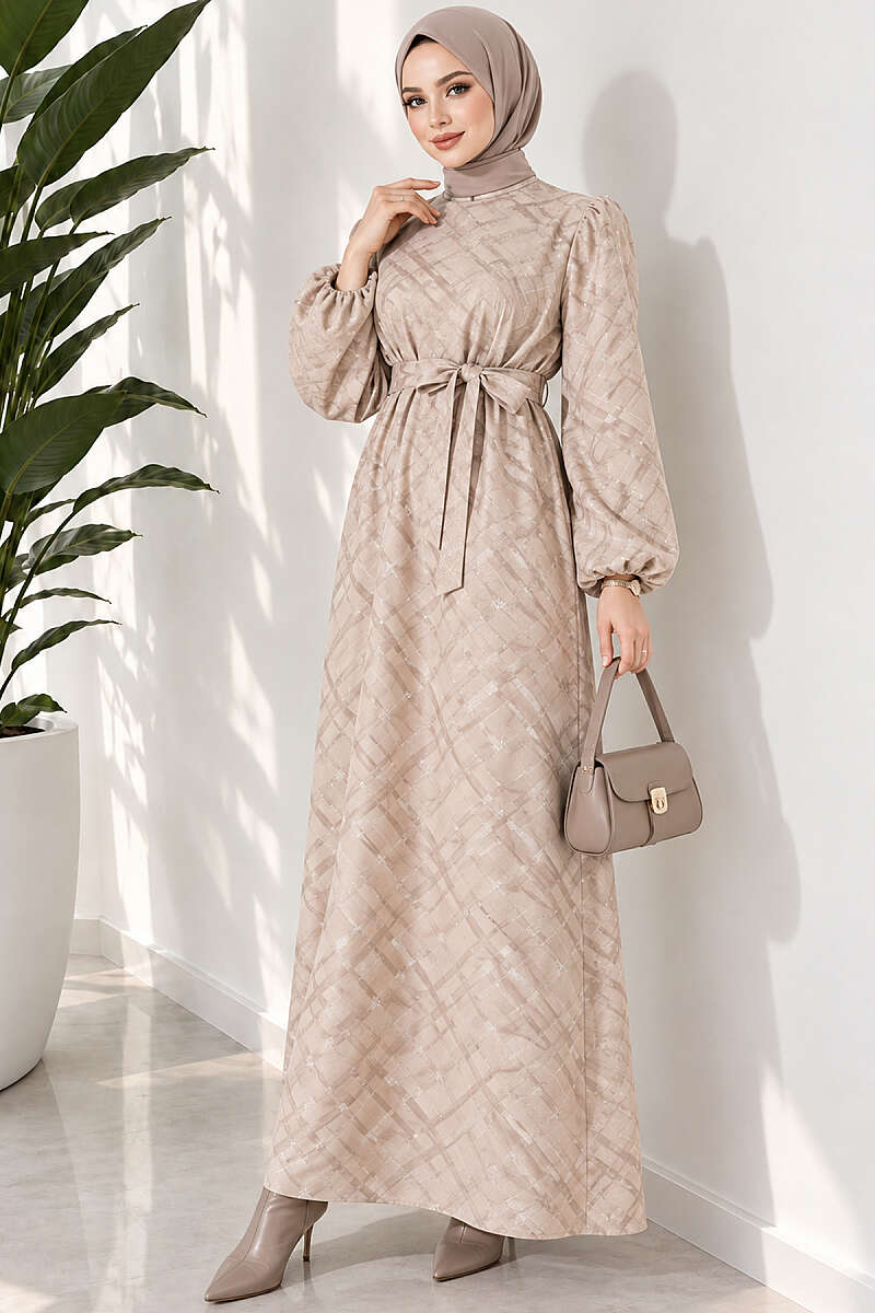 Belted Jacquard Dress with Puff Sleeves - Beige