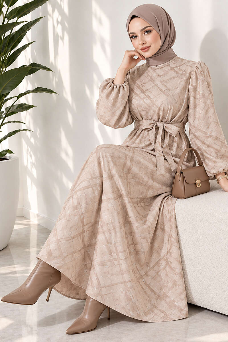 Belted Jacquard Dress with Puff Sleeves - Beige