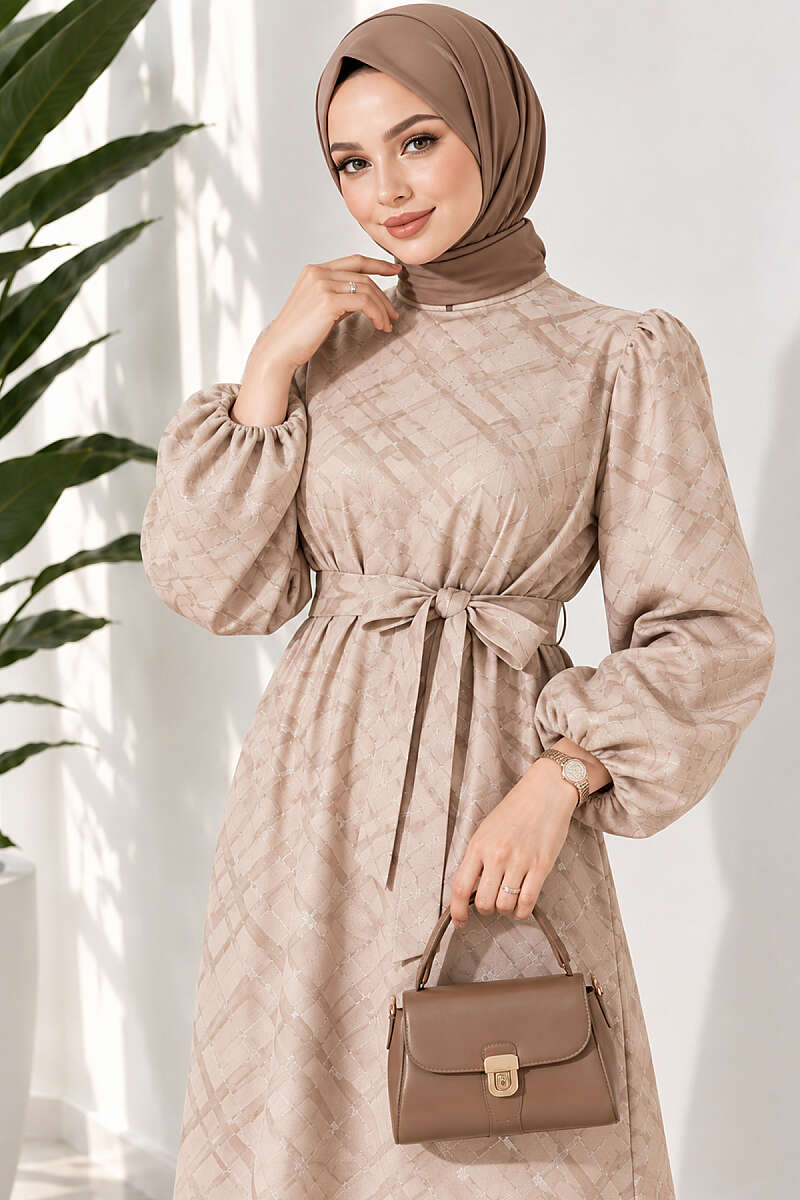 Belted Jacquard Dress with Puff Sleeves - Beige