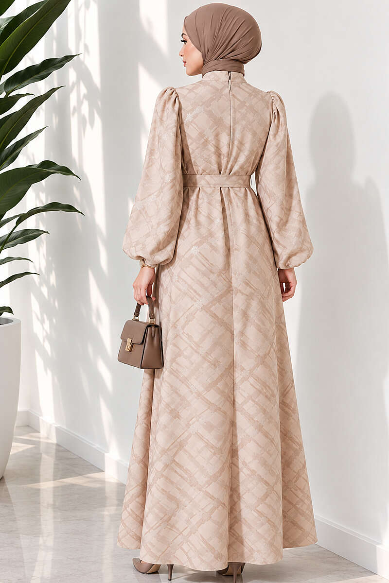 Belted Jacquard Dress with Puff Sleeves - Beige