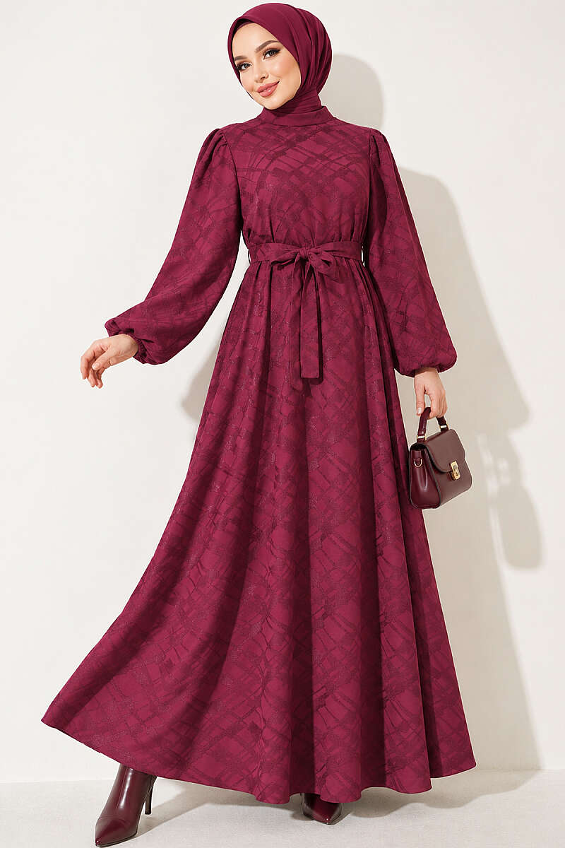 Belted Jacquard Dress with Puff Sleeves - Burgundy