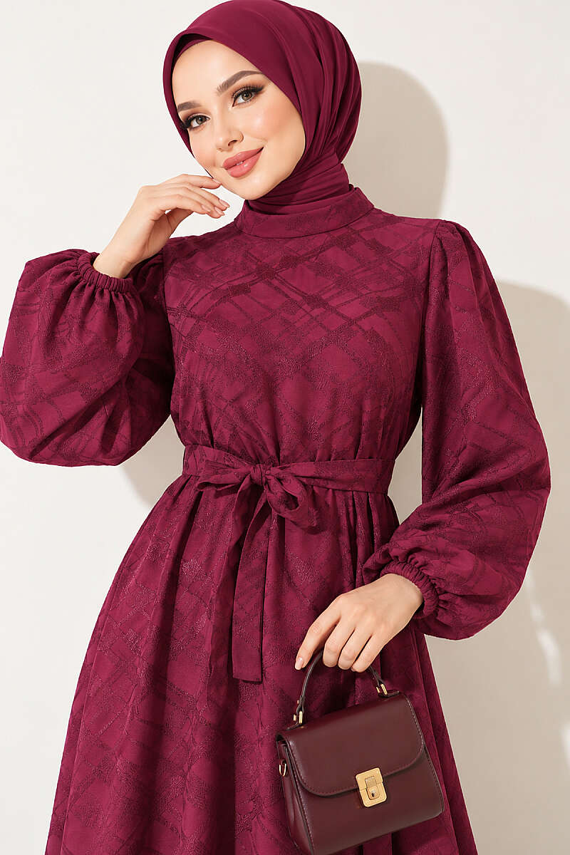Belted Jacquard Dress with Puff Sleeves - Burgundy