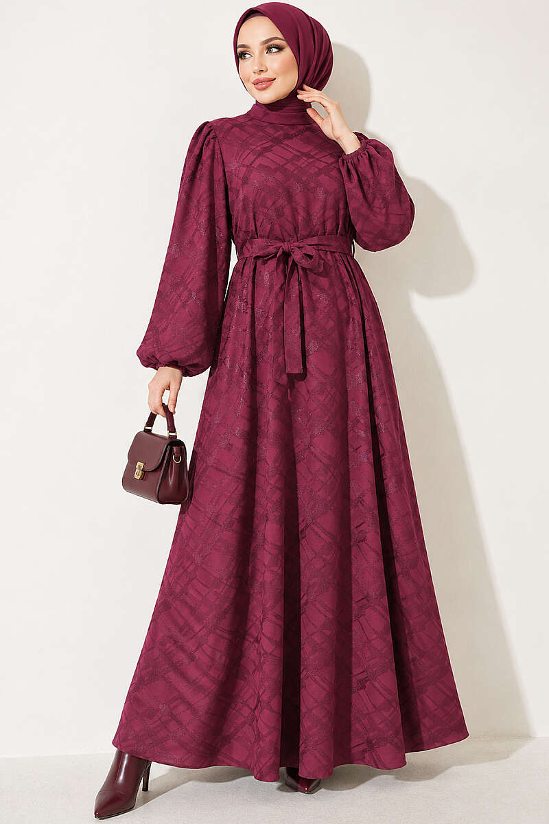Belted Jacquard Dress with Puff Sleeves - Burgundy