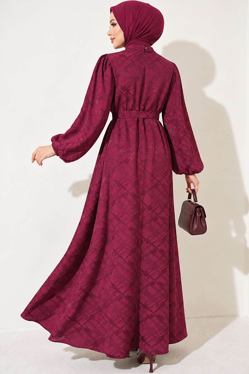 Belted Jacquard Dress with Puff Sleeves - Burgundy