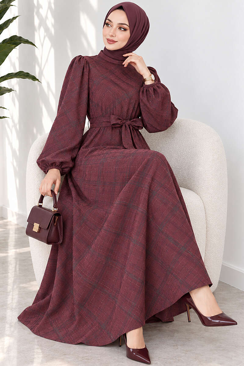 Belted Jacquard Dress with Puff Sleeves - Brown