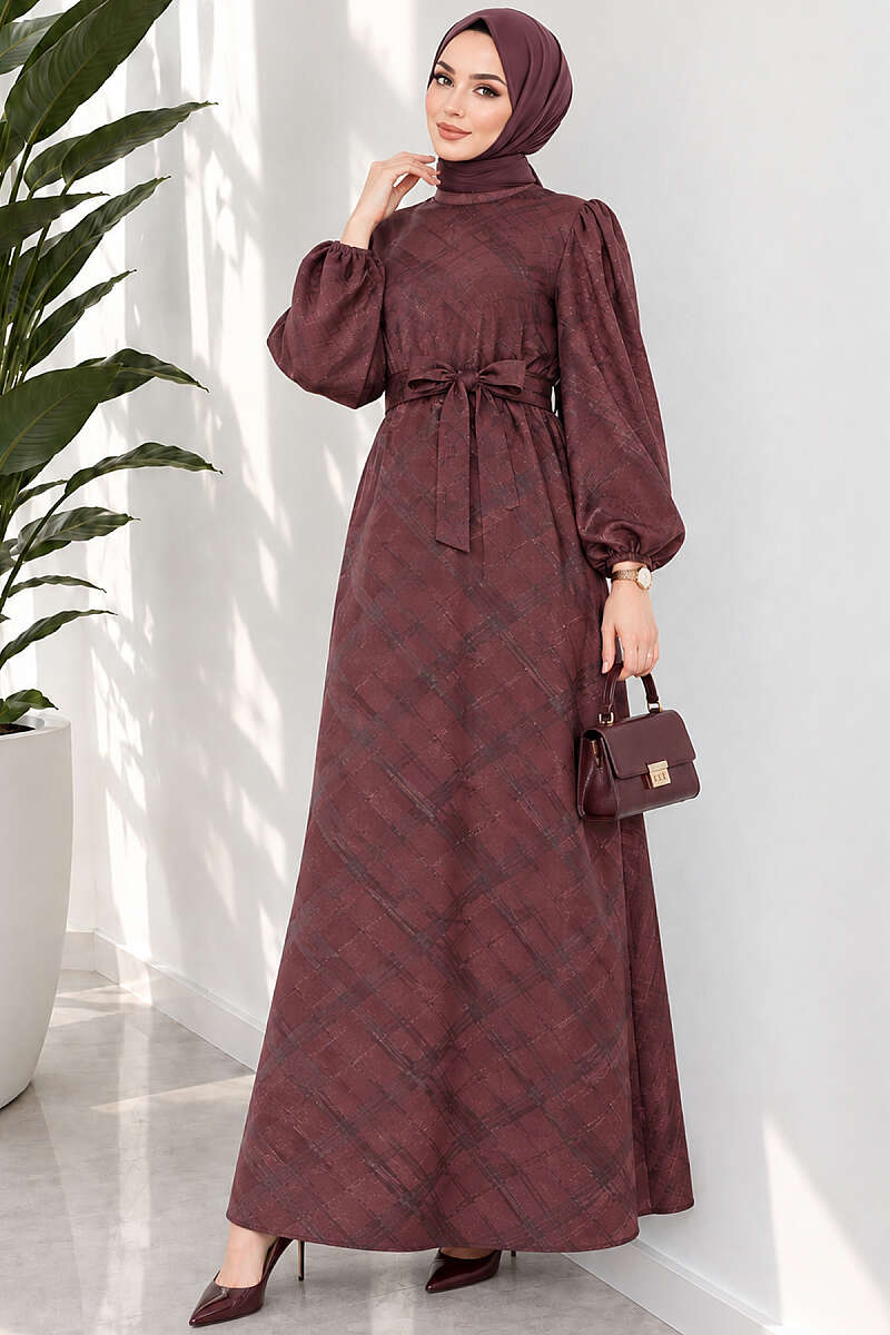 Belted Jacquard Dress with Puff Sleeves - Brown