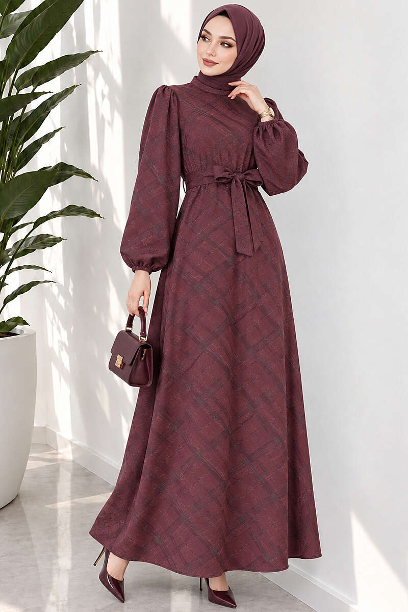 Belted Jacquard Dress with Puff Sleeves - Brown