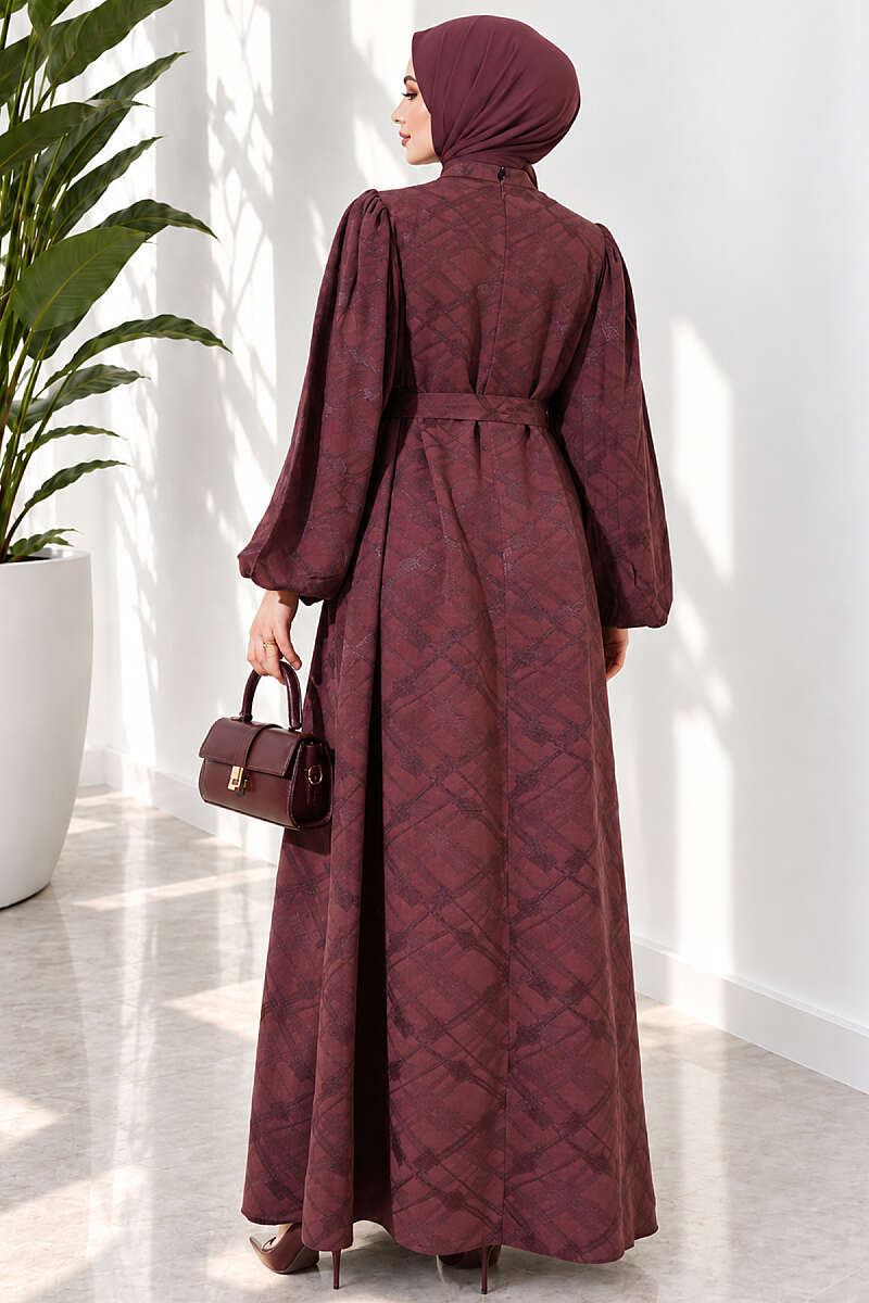 Belted Jacquard Dress with Puff Sleeves - Brown
