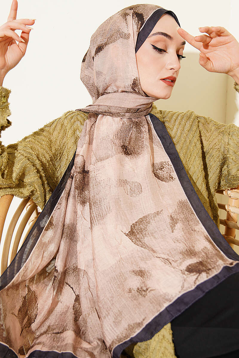 Patterned Bamboo Crinkle Shawl - Navy-Beige