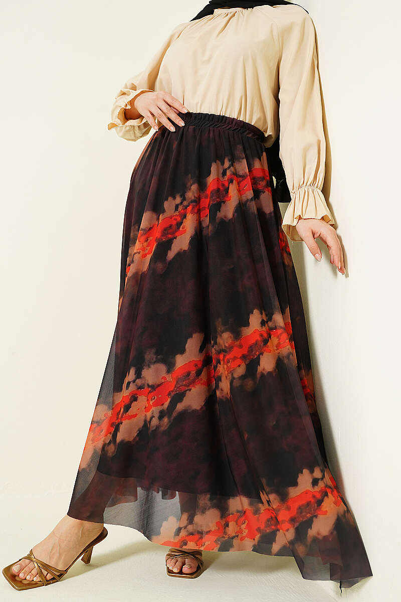 Patterned Tulle Skirt with Elastic Waist - Brown