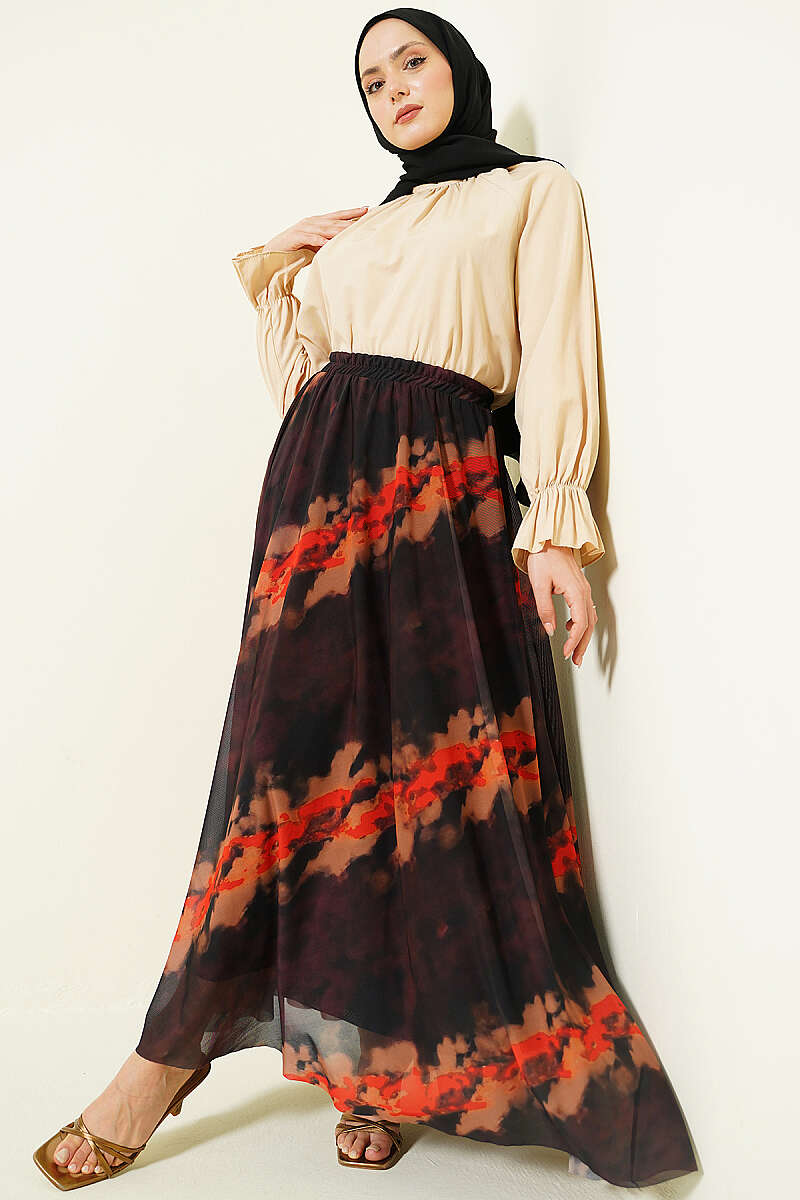 Patterned Tulle Skirt with Elastic Waist - Brown