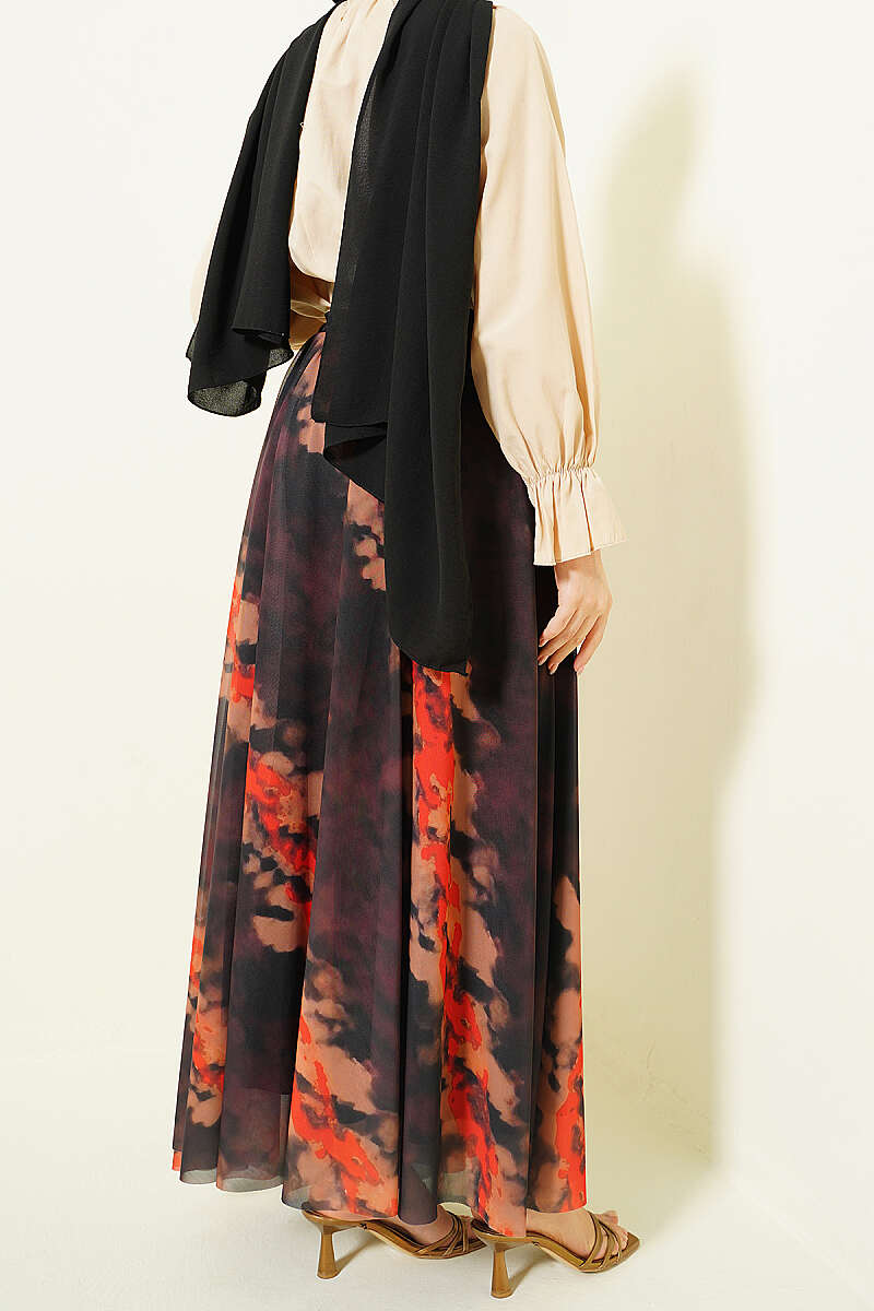 Patterned Tulle Skirt with Elastic Waist - Brown