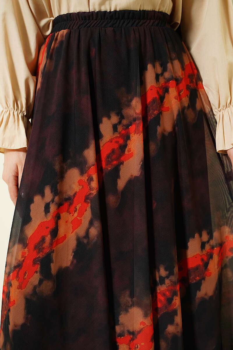 Patterned Tulle Skirt with Elastic Waist - Brown