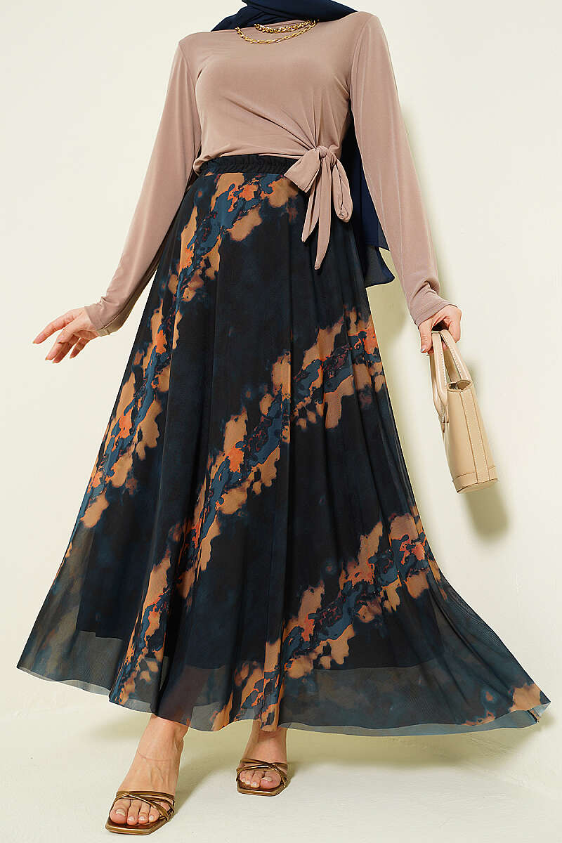 Patterned Tulle Skirt with Elastic Waist - Navy