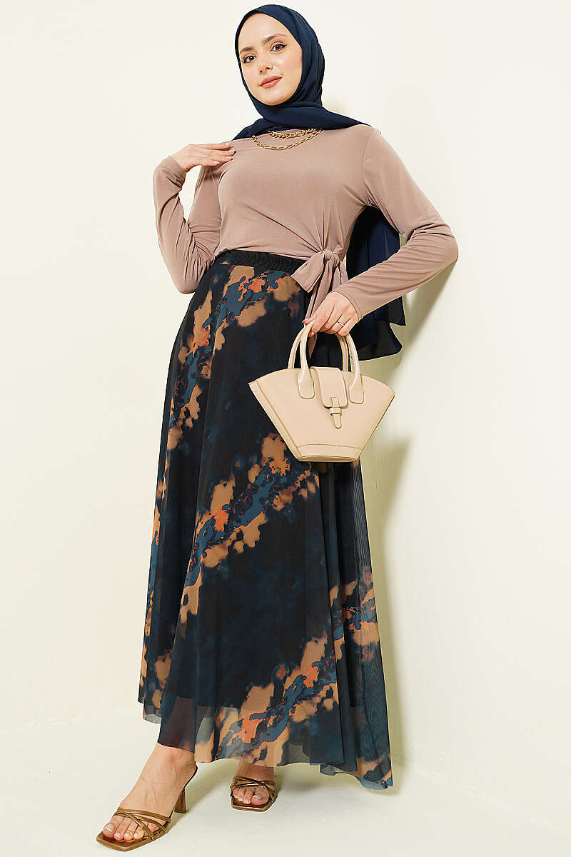 Patterned Tulle Skirt with Elastic Waist - Navy