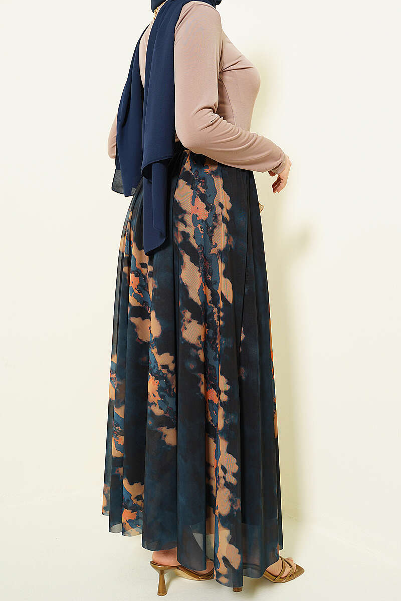 Patterned Tulle Skirt with Elastic Waist - Navy