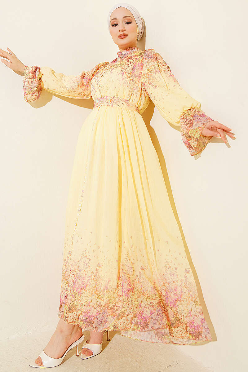 Belted Patterned Dress with Elastic Waist and Cuffs - Yellow