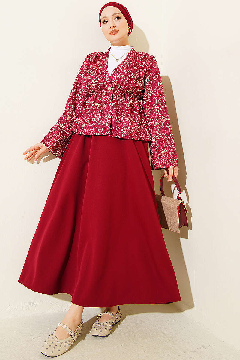 Printed Skirt Set with Elastic Waist Detail - Burgundy