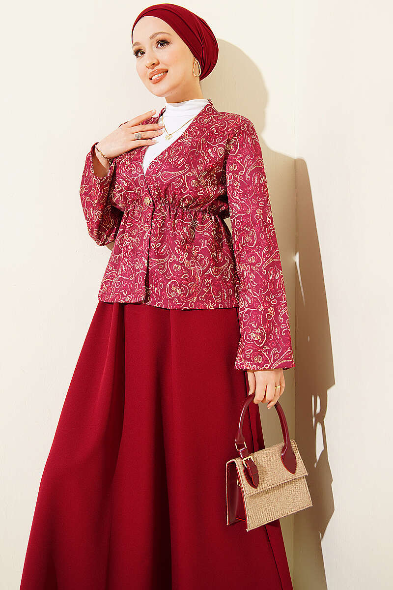 Printed Skirt Set with Elastic Waist Detail - Burgundy
