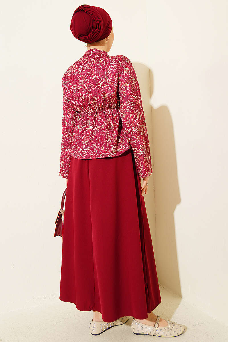 Printed Skirt Set with Elastic Waist Detail - Burgundy