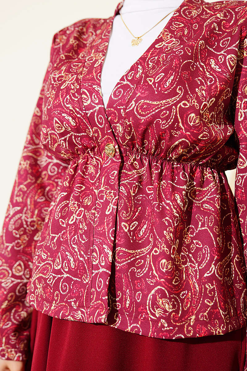 Printed Skirt Set with Elastic Waist Detail - Burgundy
