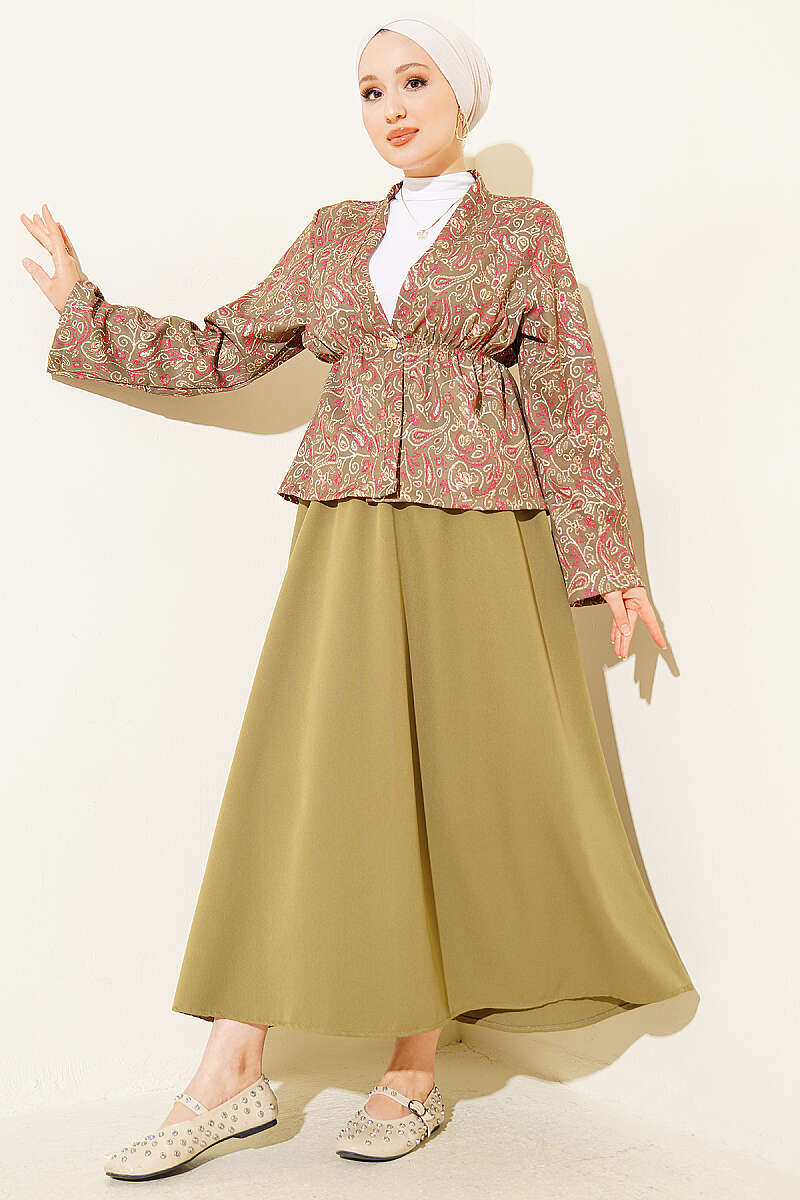Printed Skirt Set with Elastic Waist Detail - Almond Green