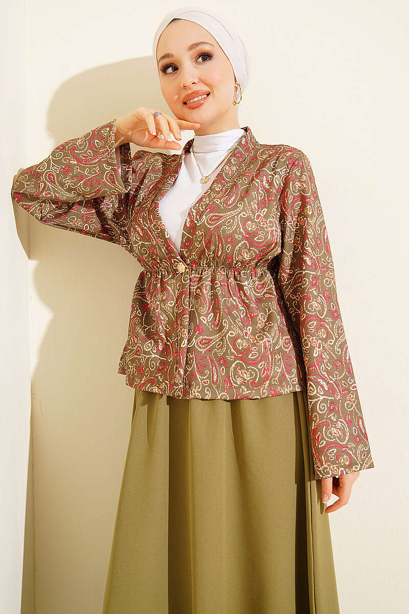 Printed Skirt Set with Elastic Waist Detail - Almond Green