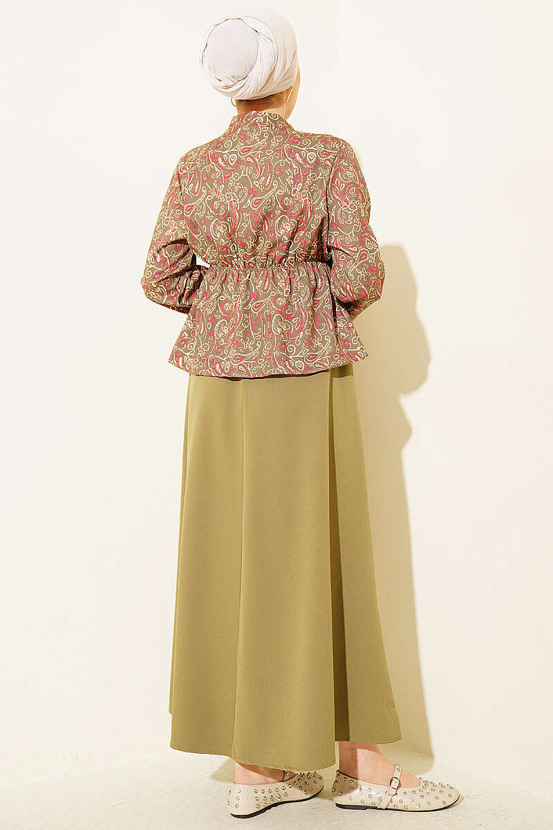 Printed Skirt Set with Elastic Waist Detail - Almond Green