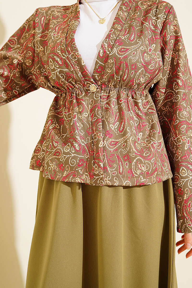Printed Skirt Set with Elastic Waist Detail - Almond Green