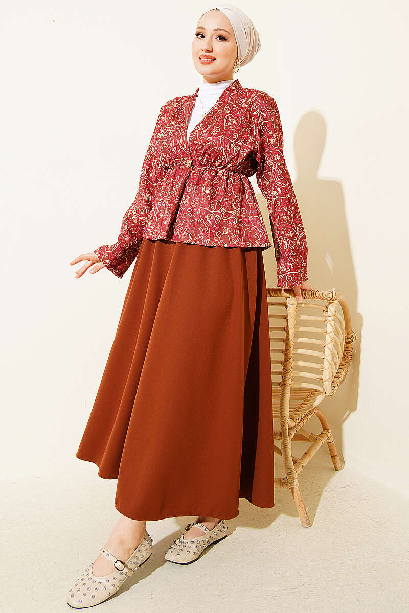 Printed Skirt Set with Elastic Waist Detail - Brown