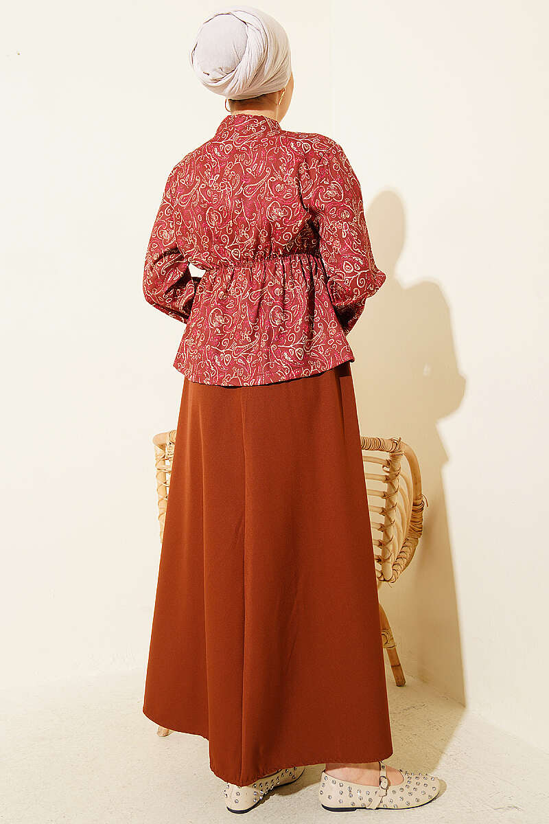 Printed Skirt Set with Elastic Waist Detail - Brown