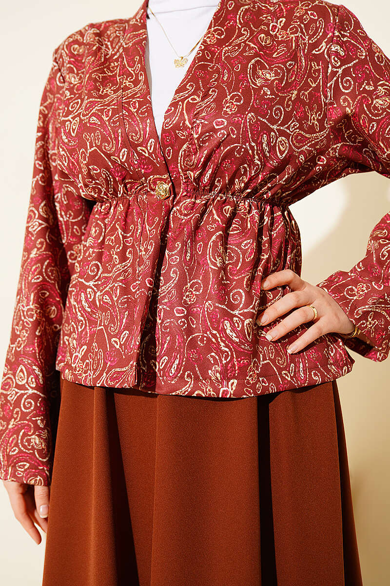 Printed Skirt Set with Elastic Waist Detail - Brown