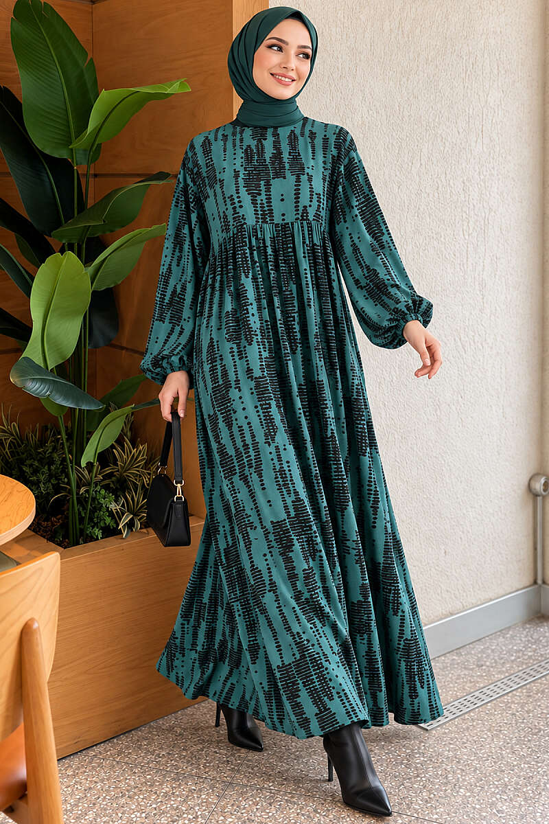 Patterned Batwing Dress - Emerald