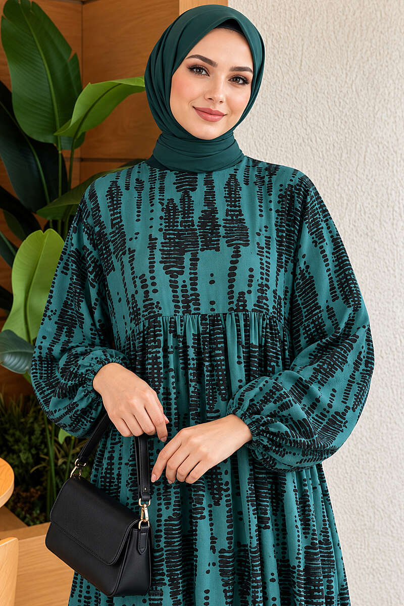 Patterned Batwing Dress - Emerald