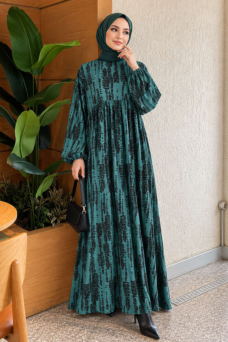 Patterned Batwing Dress - Emerald