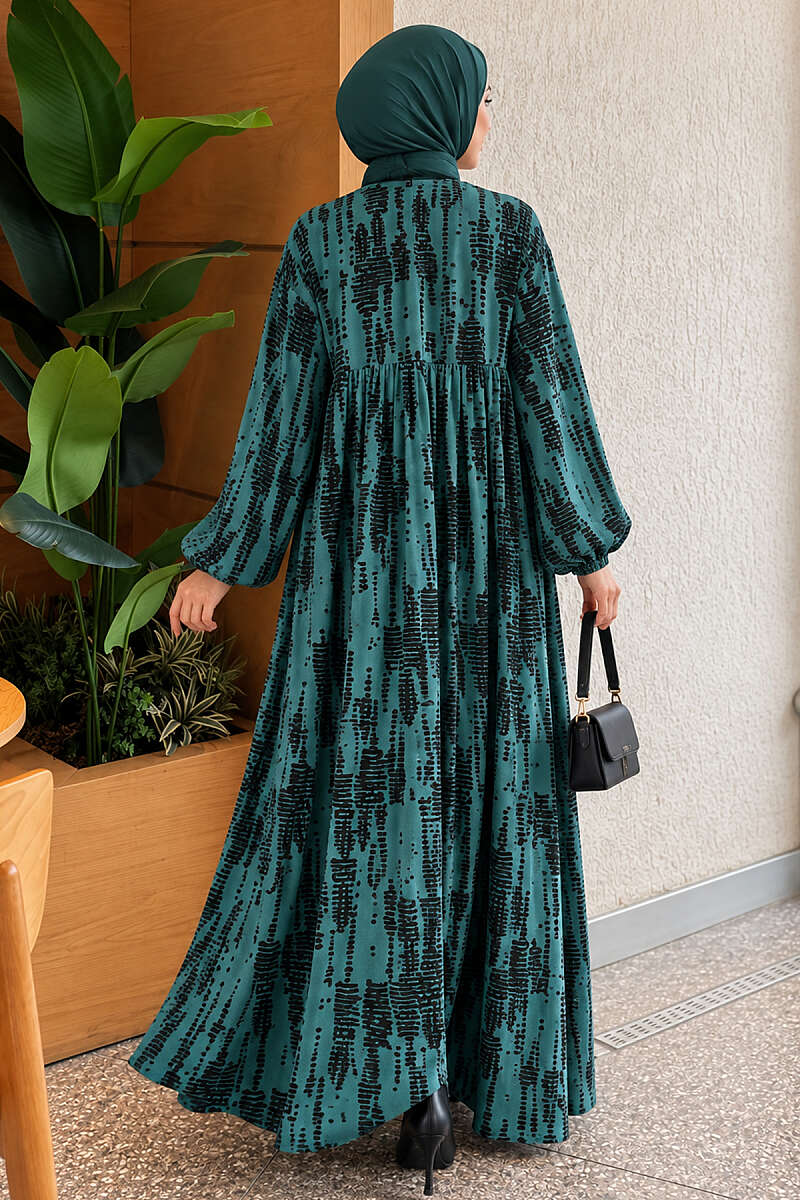 Patterned Batwing Dress - Emerald
