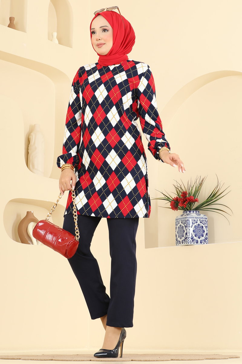 Printed Crew-Neck Suede Knit Tunic - Navy 2