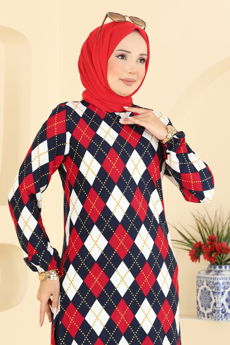 Printed Crew-Neck Suede Knit Tunic - Navy 2