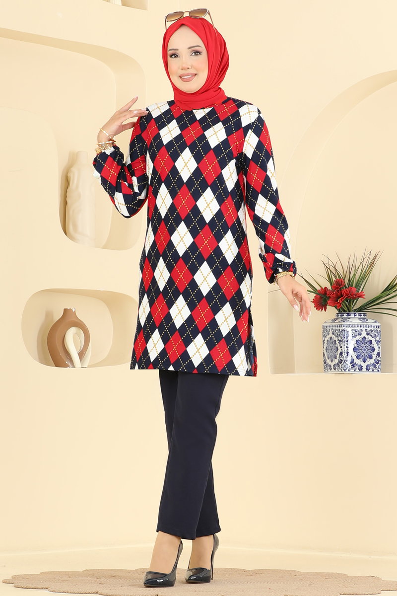 Printed Crew-Neck Suede Knit Tunic - Navy 2