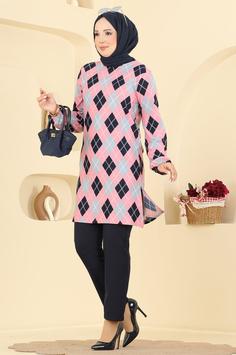 Printed Crew-Neck Suede Knit Tunic - Pink