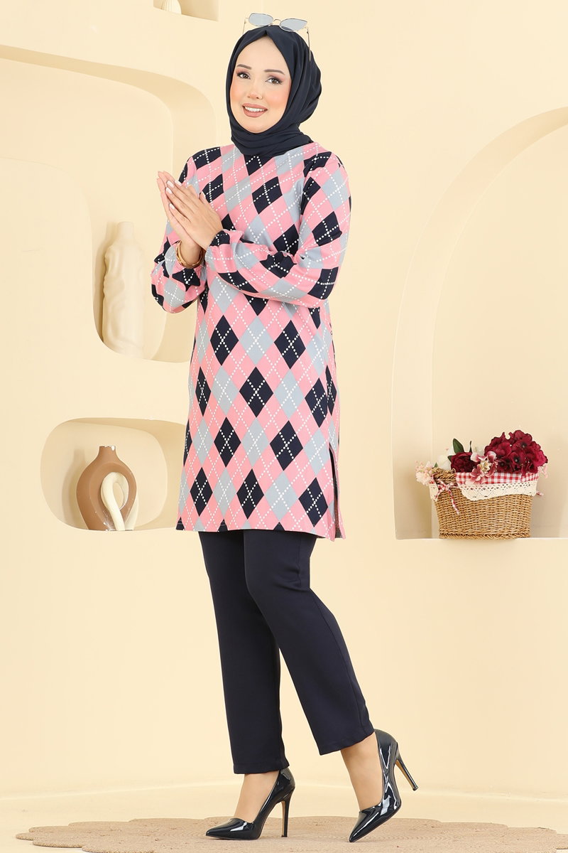Printed Crew-Neck Suede Knit Tunic - Pink