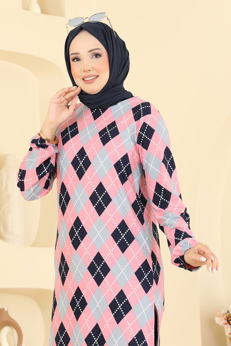 Printed Crew-Neck Suede Knit Tunic - Pink