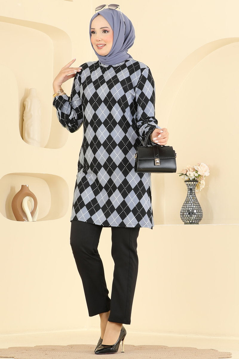 Printed Crew-Neck Suede Knit Tunic - Black