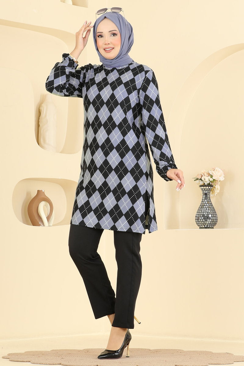 Printed Crew-Neck Suede Knit Tunic - Black